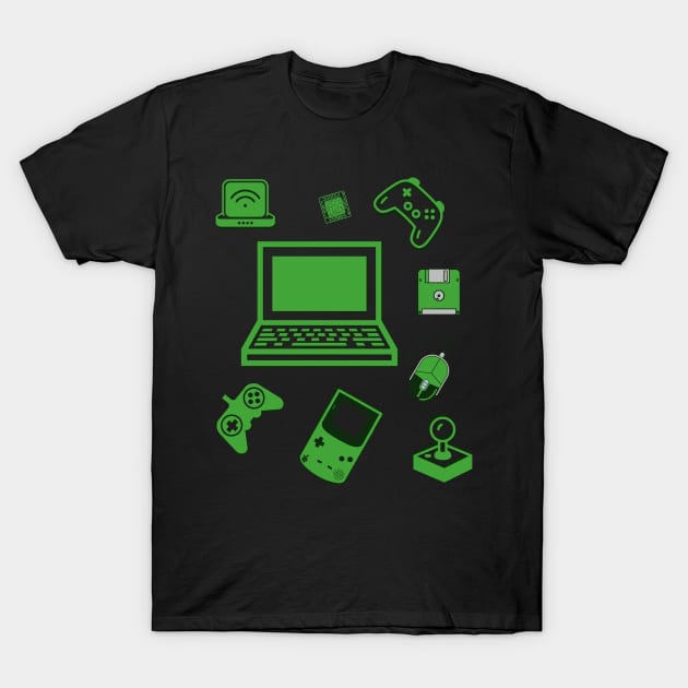 Gamer Icons Console Laptop Mouse Joystick Chip Wi-fi T-Shirt by Brasilia Catholic